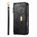 iPhone 17 Pro lommebokveske med blomster- og bladmønster, glidelåslomme og håndleddsstropp