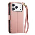 iPhone 17 Pro lommebokveske med blomster- og bladmønster, glidelåslomme og håndleddsstropp - rosa