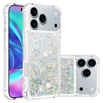 iPhone 17 Pro Glitter Quicksand TPU-deksel - Sølvhjerter