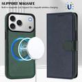 iPhone 17 Pro Max avtakbar lommebokveske med MagSafe, RFID-beskyttelse og håndrem - blå / grønn
