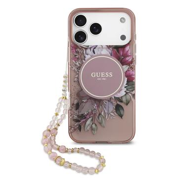 iPhone 17 Pro Max Guess IML Flowers-deksel med perlerem - Rosa