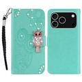 iPhone 17 Pro Max Ugle Rhinestone Lommebok-deksel med rhinestone - Cyan