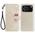 iPhone 17 Pro Max Ugle Rhinestone Lommebok-deksel - gull