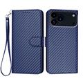 iPhone 17 Pro Max Premium lommebokveske med stropp - karbonfiberstruktur - Karbonblå