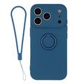 iPhone 18 Pro Flytende silikon-deksel med ringholder og håndleddsstropp - midnattsblå
