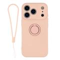 iPhone 18 Pro Max Flytende silikon-deksel med ringholder og håndleddsstropp - rosa