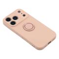 iPhone 18 Pro Max Flytende silikon-deksel med ringholder og håndleddsstropp - rosa