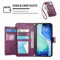 iPhone Air lommebokveske med blomster- og bladmønster, glidelåslomme og håndleddsstropp - Lilla