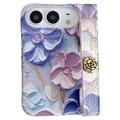 iPhone Duo-deksel med preget akvarellblomstermønster og håndleddsrem - blå