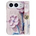 iPhone Duo-deksel med preget akvarellblomstermønster og håndleddsrem - rosa