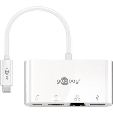 Goobay USB-C til HDMI, USB 3.0, Ethernet & PD Adapter - Hvit
