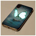 iPhone X / iPhone XS Glow in the Dark Silikondeksel - Blå Sommerfugl