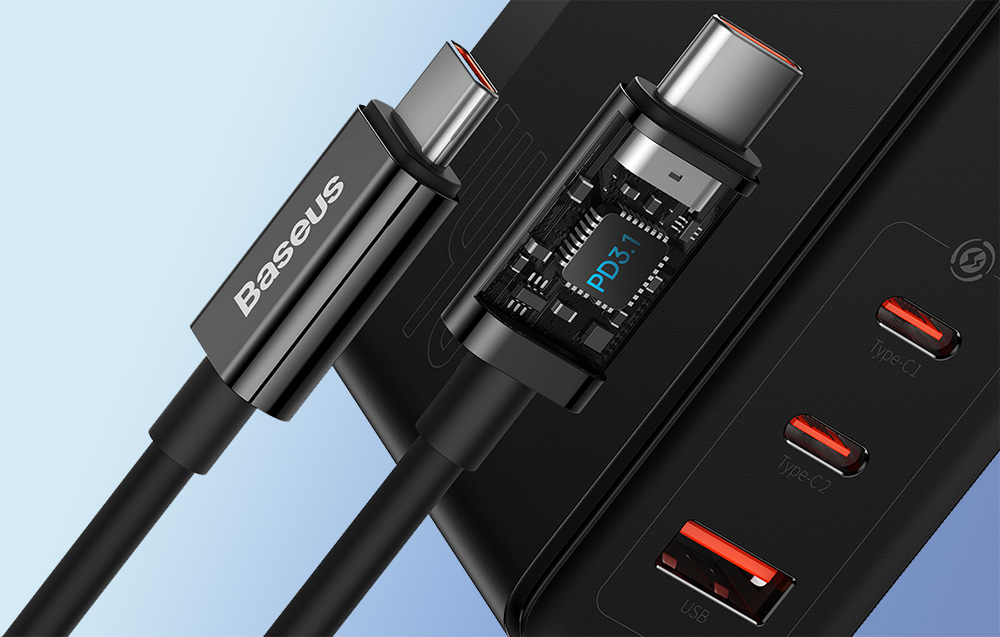 Baseus GaN5 Pro 140W vegglader med USB-C ladekabel - 2xUSB-C, USB-A - Svart