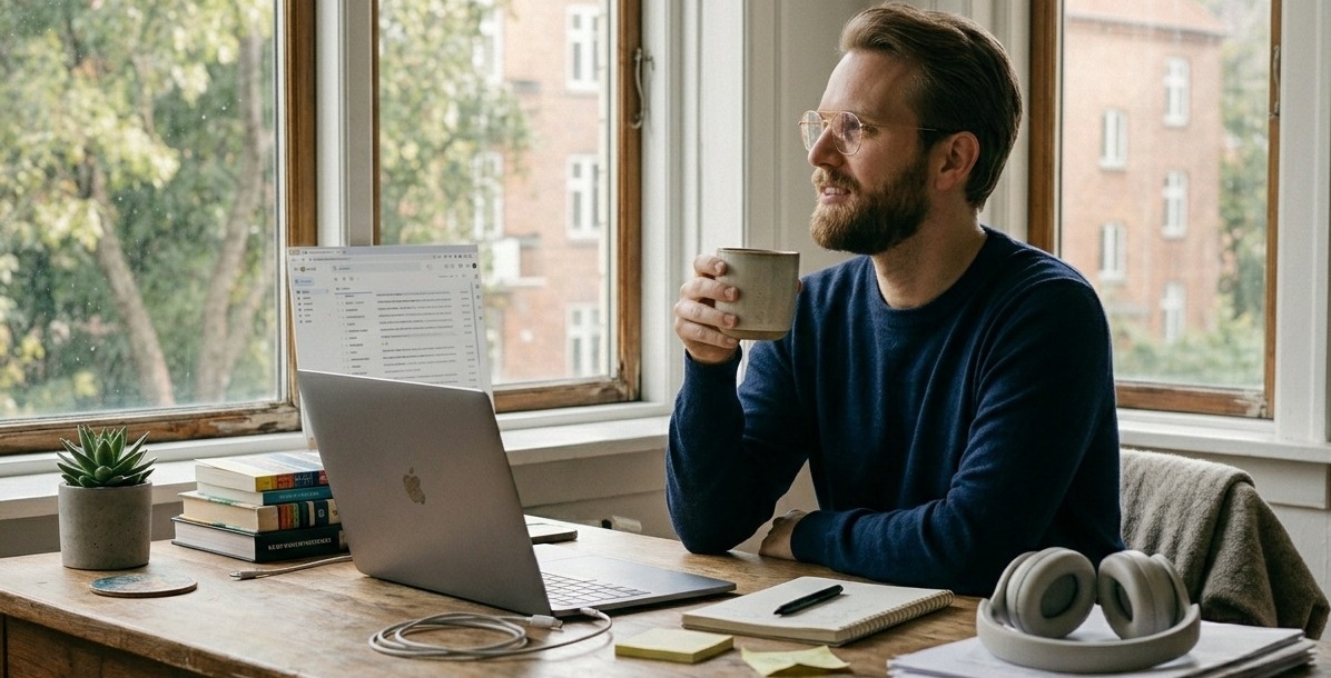 Person tar en pause fra skjermarbeid for &aring; redusere digital stress
