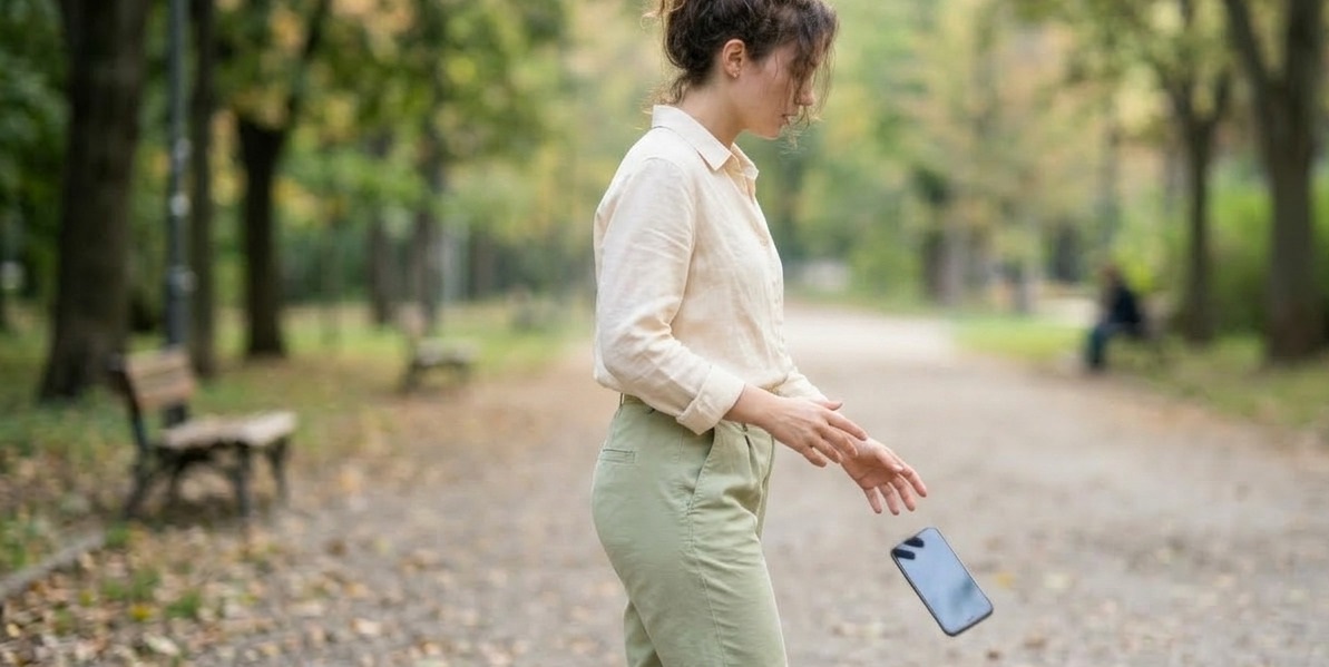 smarttelefon som glir ut av h&aring;nden og faller mot gulvet