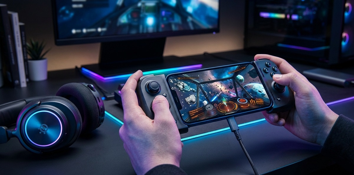 smartphone gaming setup med controller og headset til mobil gaming