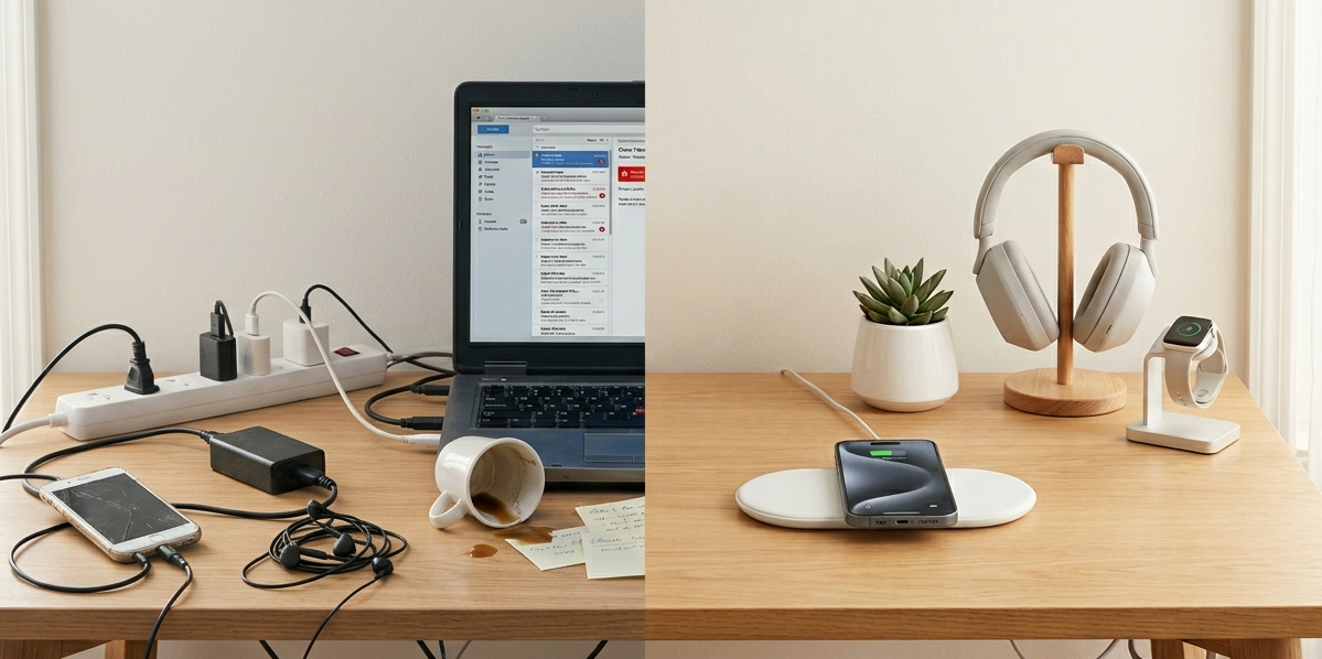Minimalistisk oppsett med MagSafe-lader og mobilholder uten kabelrot