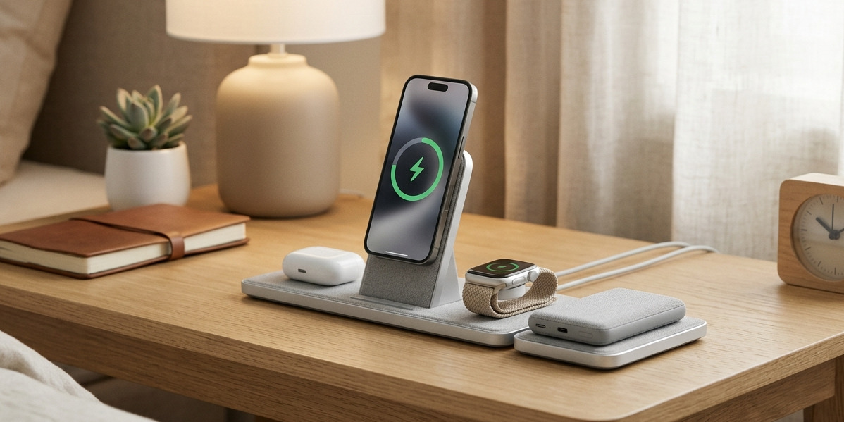 Tr&aring;dl&oslash;s lader og dockingstasjon til smarttelefon, smartklokke og &oslash;retelefoner uten kabler