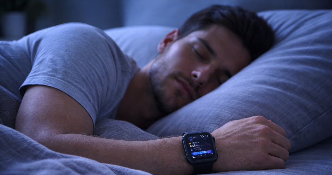 person sover med smartklokke som m&aring;ler s&oslash;vn og s&oslash;vnfaser om natten