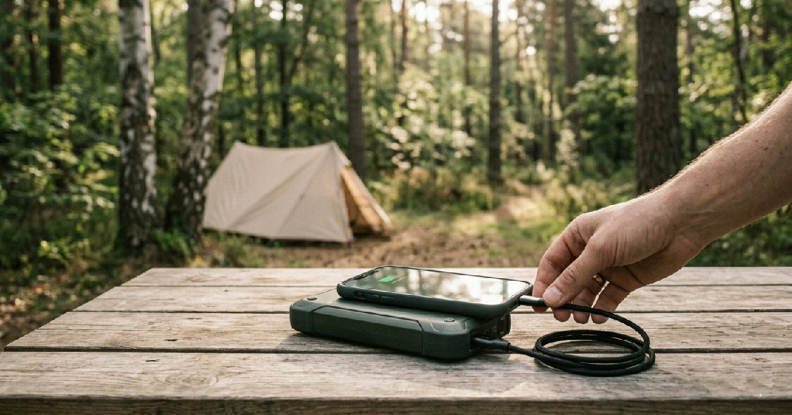 Powerbank lader mobil i naturen under camping
