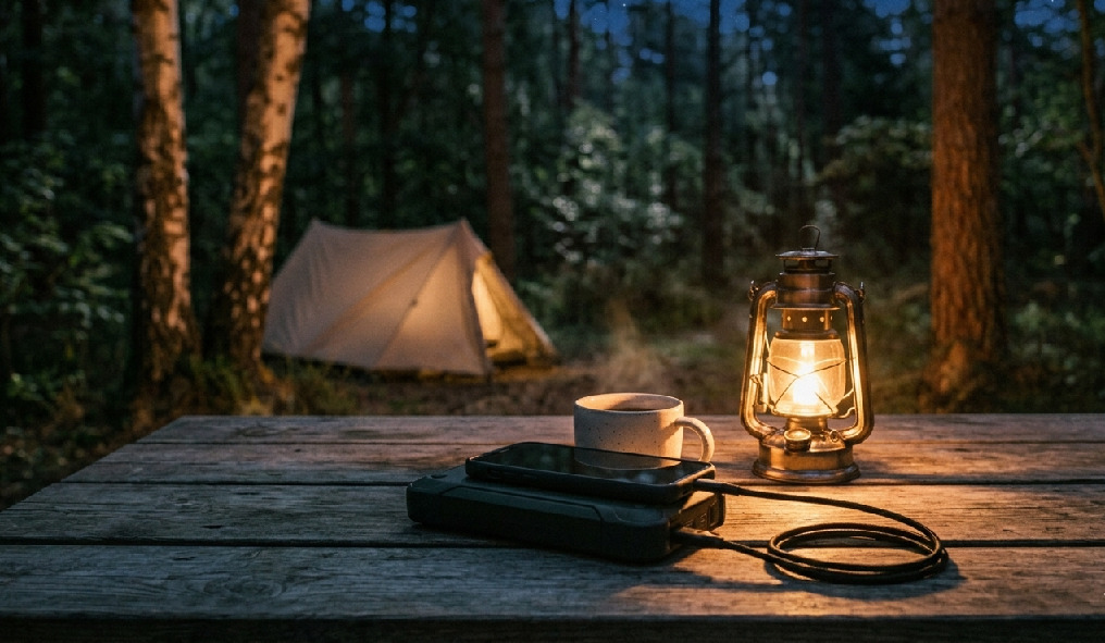 Camping i m&oslash;rket med varm belysning og hyggelig stemning