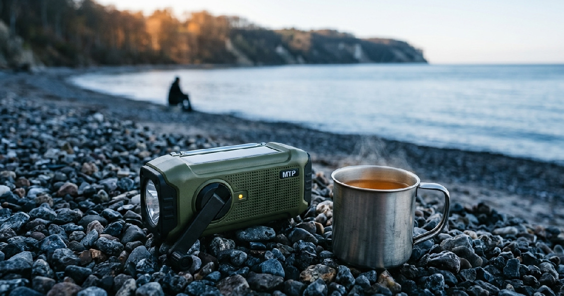 Minimalistisk campingoppsett i naturen med mobil og kaffe