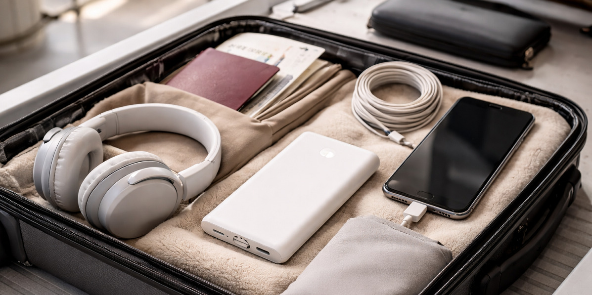20 000 mAh powerbank i h&aring;ndbagasje sammen med pass og reiseutstyr