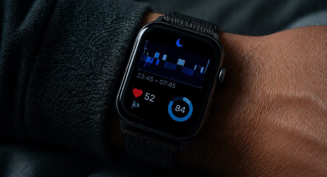 Smartklokke med s&oslash;vnsporing og biometriske data i m&oslash;rkt soverom